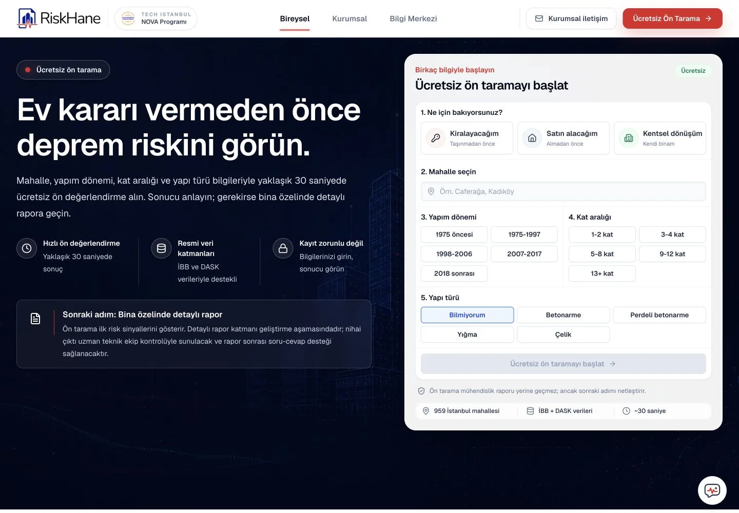 Tarayıcı çerçevesinde RiskHane ürünü